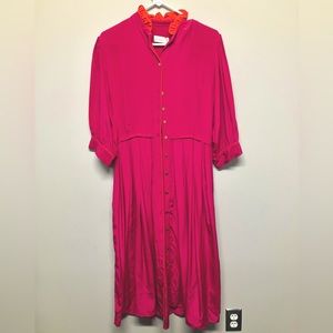 “Daydress uk” from Tuckernuck pink silk dress w/ orange contrast ruffle neckline